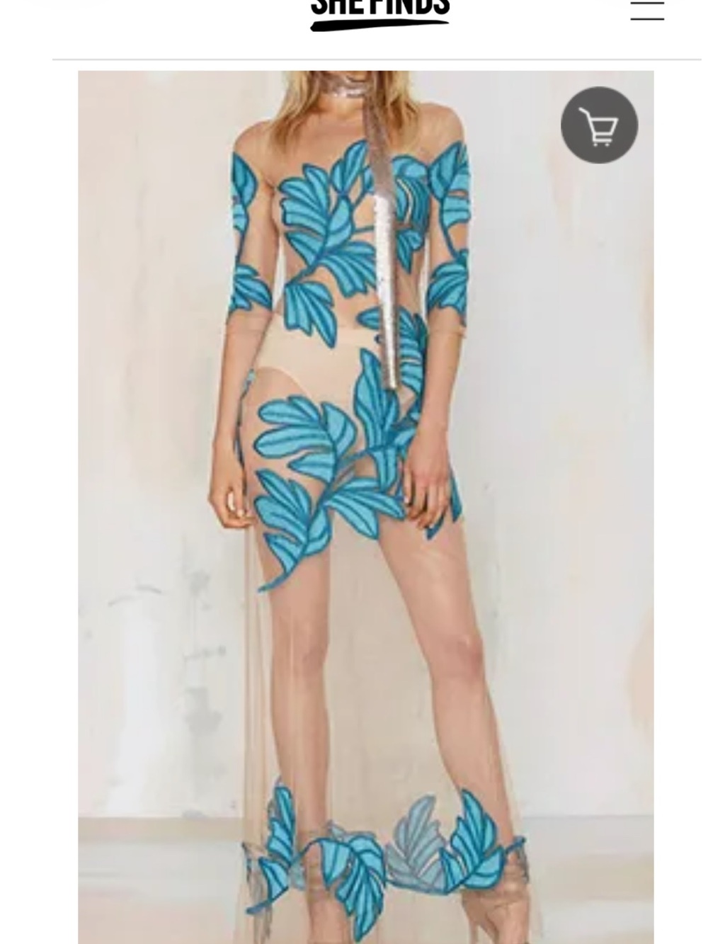 For love & lemons x free people Sheer Nude Maxi Dress with Blue Leaf Appliqué